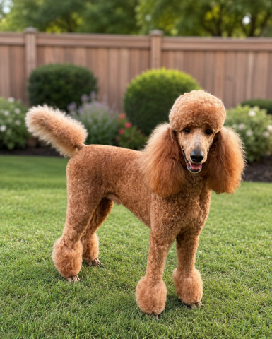 Ransom — an apricot Champion Standard Poodle in a classic show trim standing on green grass in front of a wooden fence and landscaped garden