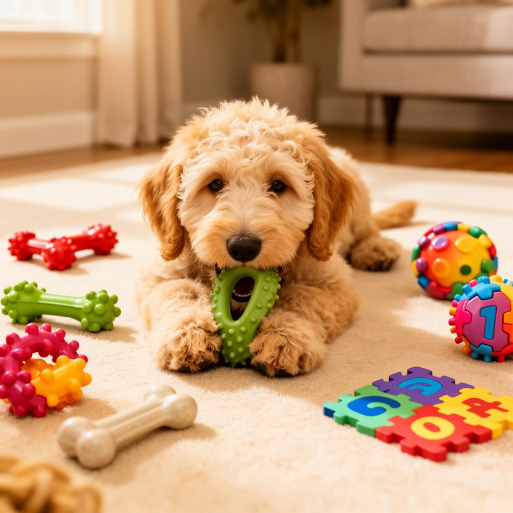 A happy puppy surrounded by colorful chew toys and bones